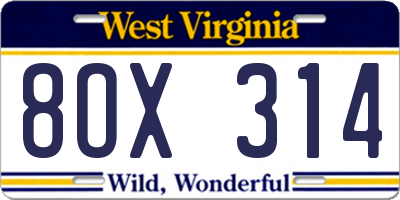 WV license plate 8OX314