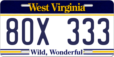 WV license plate 8OX333