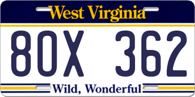 WV license plate 8OX362