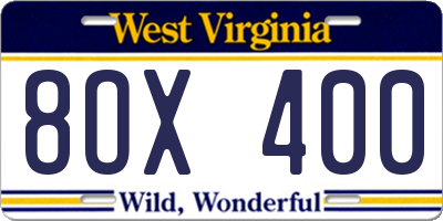 WV license plate 8OX400