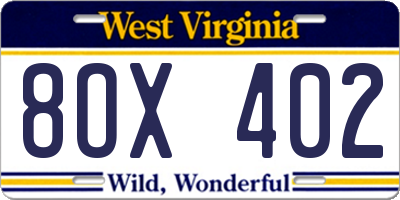 WV license plate 8OX402