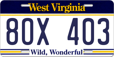 WV license plate 8OX403