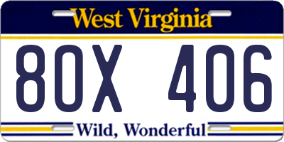 WV license plate 8OX406