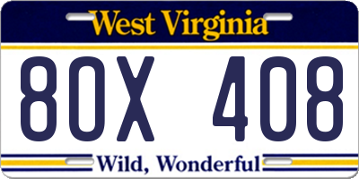 WV license plate 8OX408