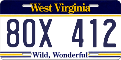 WV license plate 8OX412