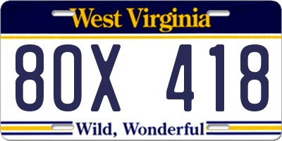 WV license plate 8OX418