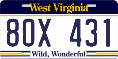 WV license plate 8OX431
