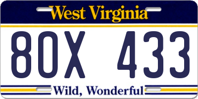 WV license plate 8OX433