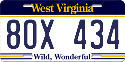 WV license plate 8OX434