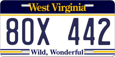 WV license plate 8OX442
