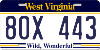 WV license plate 8OX443