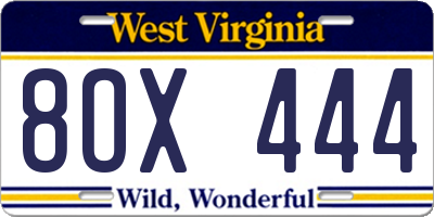 WV license plate 8OX444