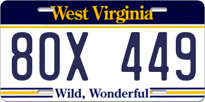 WV license plate 8OX449