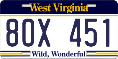 WV license plate 8OX451