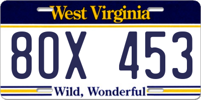 WV license plate 8OX453