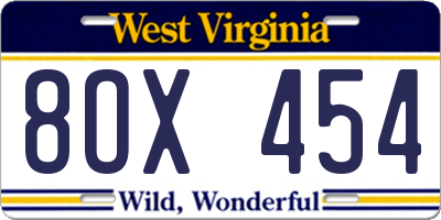 WV license plate 8OX454