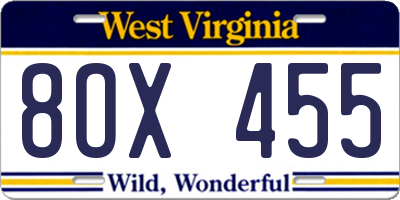WV license plate 8OX455