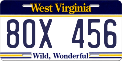 WV license plate 8OX456