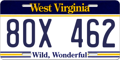 WV license plate 8OX462