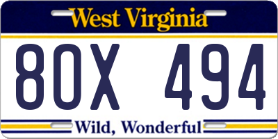 WV license plate 8OX494