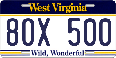 WV license plate 8OX500