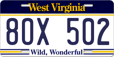 WV license plate 8OX502