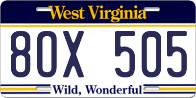 WV license plate 8OX505