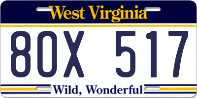 WV license plate 8OX517