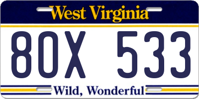 WV license plate 8OX533