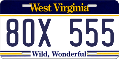 WV license plate 8OX555