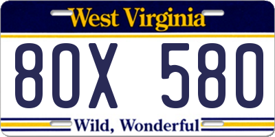 WV license plate 8OX580