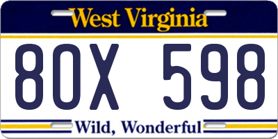 WV license plate 8OX598