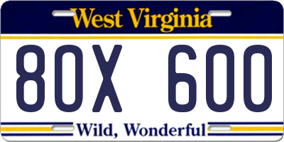 WV license plate 8OX600