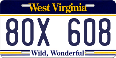 WV license plate 8OX608