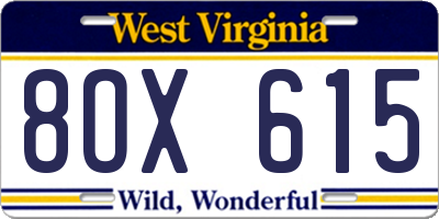 WV license plate 8OX615