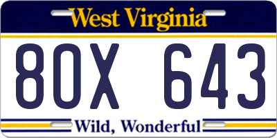 WV license plate 8OX643