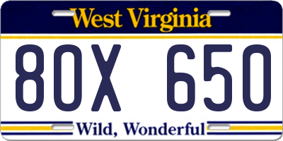 WV license plate 8OX650