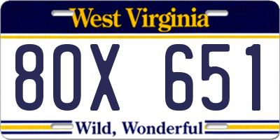 WV license plate 8OX651