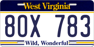 WV license plate 8OX783