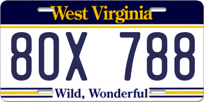 WV license plate 8OX788