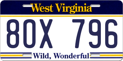 WV license plate 8OX796
