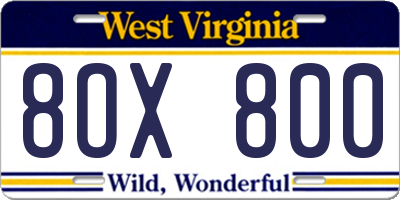 WV license plate 8OX800