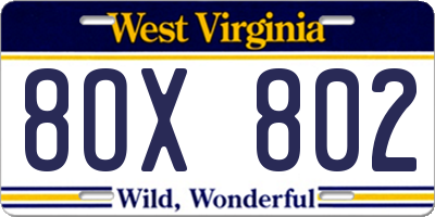 WV license plate 8OX802