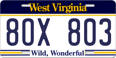 WV license plate 8OX803
