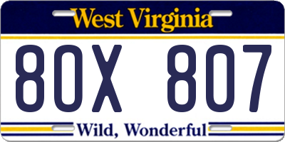 WV license plate 8OX807