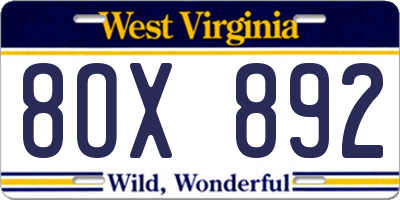 WV license plate 8OX892