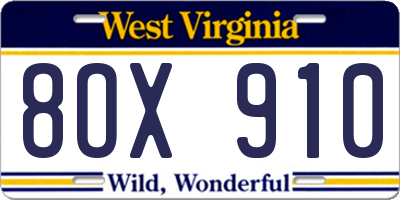 WV license plate 8OX910