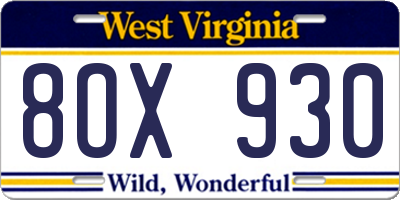 WV license plate 8OX930