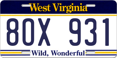 WV license plate 8OX931