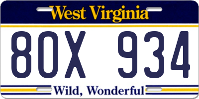 WV license plate 8OX934